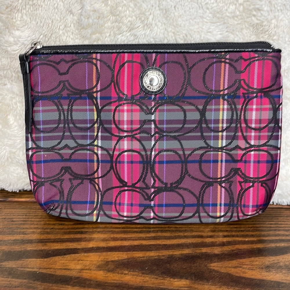 Coach Pink Plaid Zippered Pouch